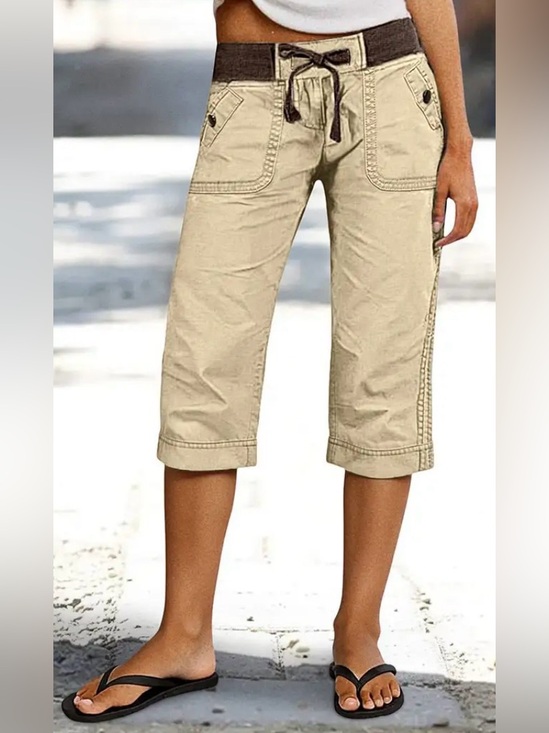 Flamingals Pants - Flamingals Drawstring Button Decor Mid Waist Straight Leg Capri Pants